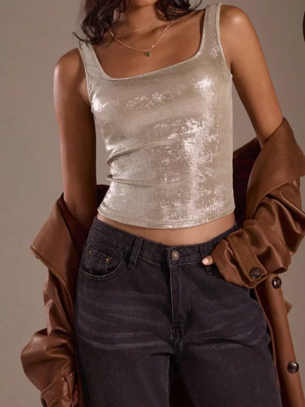 metallic  Streetwear Women's Sexy Fitted Camisole Nightclub Crop Top